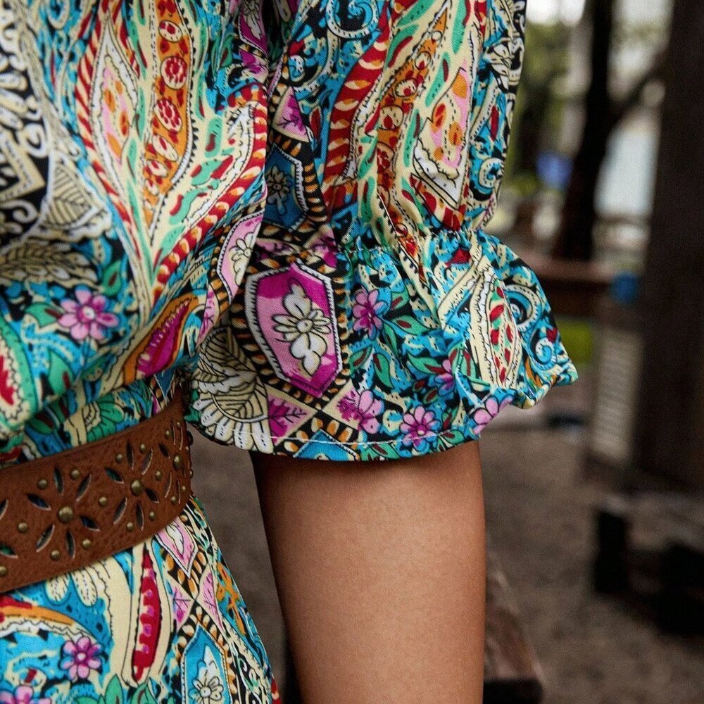 Multicolor Bohemian Women's Printed Mid-Sleeve Fringe Dress - Picture 7 of 7